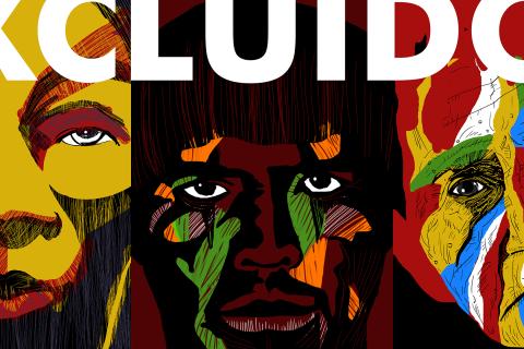 Painel ilustrado com negro, índio e idoso
