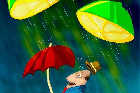 Homem com guarda-chuva sob chuva ácida