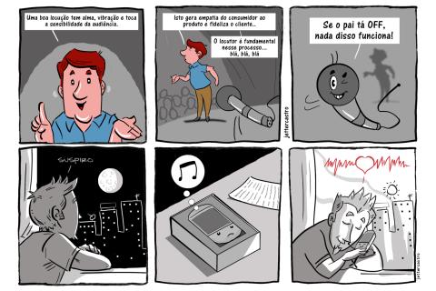 Tirinha sobre a relação do locutor com seu microfone