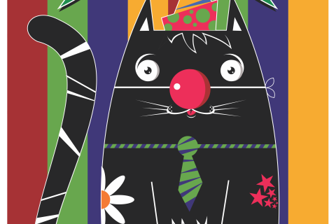 Gato preto com nariz, gravata e sapatos de palhaço